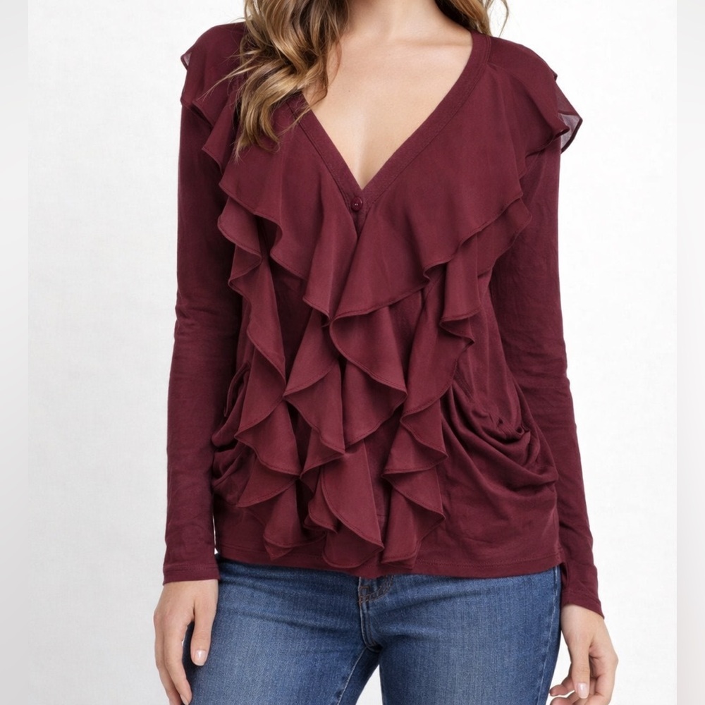 LOGO by Lori Goldstein Deep Red Ruffle Blouse